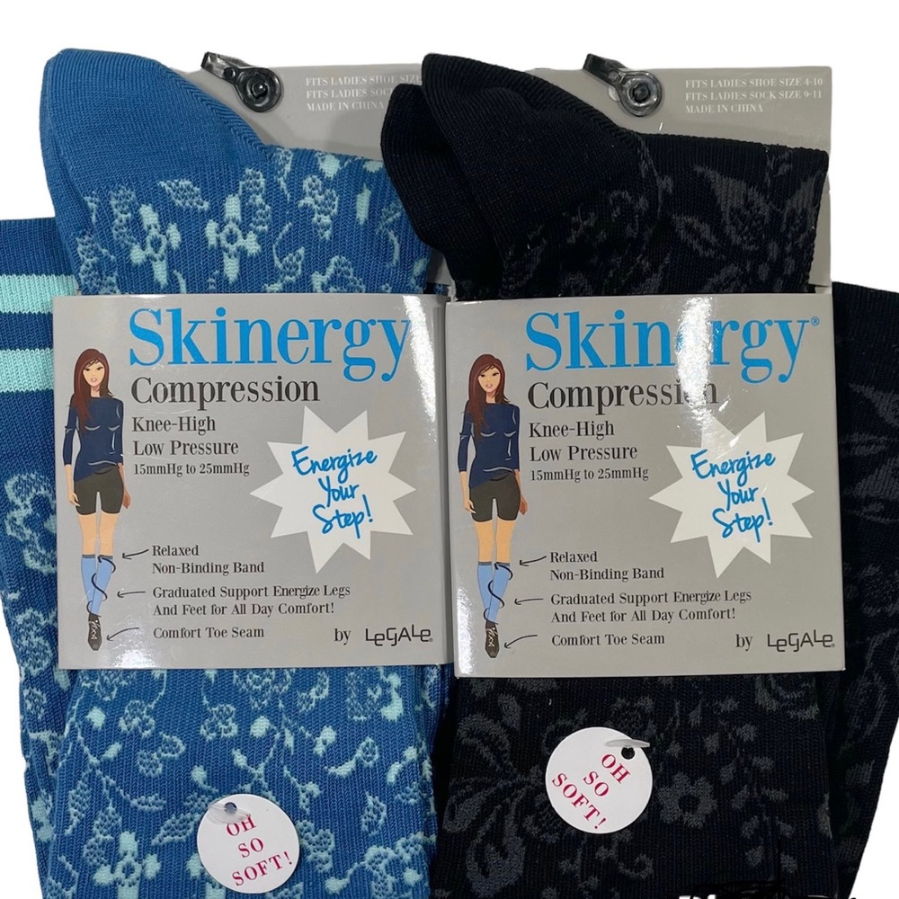 2 Pair: Skinergy Compression Knee-High Socks by LeGale Blue & Black Floral
